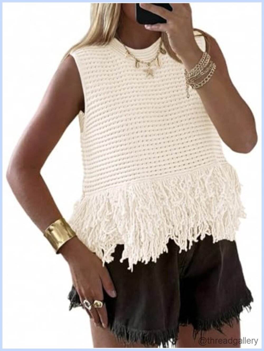Crochet Fringe Pointelle Knit Sleeveless Sweater Vest Top